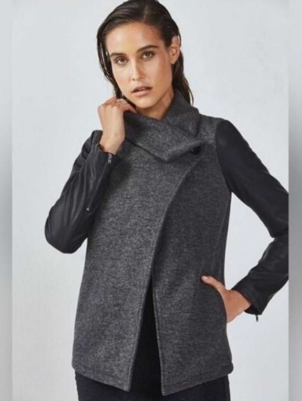 Fabletics Assymetrical Milano Coat Faux Leather Sleeves Gray Black Size Small